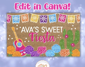 Mall för Fiesta Sweet 16-banderoll | Redigerbar Canvas-födelsedagsbanderoll | Digital nedladdning | Mexikansk Fiesta-festdekoration