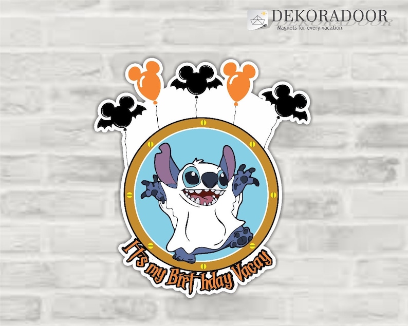 May include: A blue and white Stitch character dressed as a ghost with orange Mickey Mouse balloons and black bats. The text "It's my Birthday Vacay" is below the character.