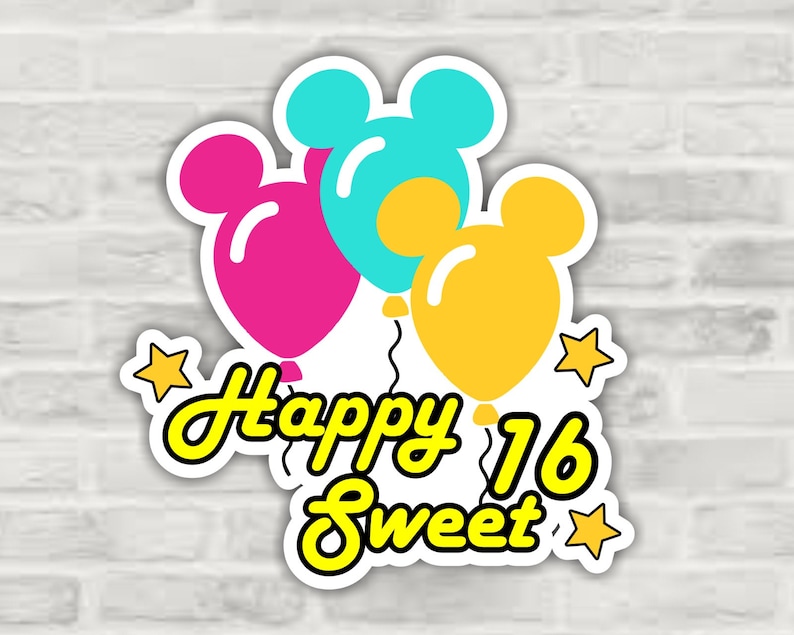 May include: A white sticker with a yellow, pink, and blue Mickey Mouse ears balloon design. The text "Happy 16 Sweet" is written in yellow with a black outline.