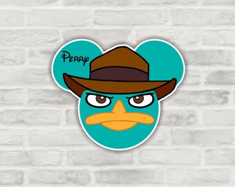 May include: A teal blue cartoon character with a brown cowboy hat and the word "Perry" written in black. The character has a yellow beak and brown eyes.