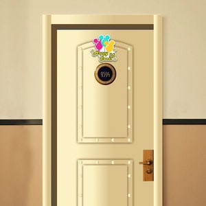 May include: A white door with a gold-colored door handle and a round porthole with the number 9594. A Happy 16 Sweet sign with colorful balloons is attached to the door.