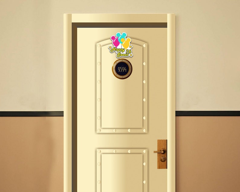 May include: A white door with a gold-colored door handle and a round porthole with the number 9594. A Happy 16 Sweet sign with colorful balloons is attached to the door.
