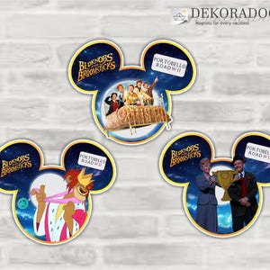 May include: Three Mickey Mouse shaped magnets featuring scenes from the movie Bedknobs and Broomsticks. The first magnet shows a group of children flying on a bed. The second magnet shows a character with a crown and a pink robe. The third magnet shows two characters, one holding a trophy.