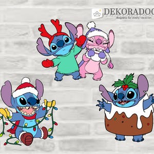 May include: Decorative magnets featuring cartoon characters in holiday attire. One character wears a reindeer antler hat and green sweater. Another wears a Santa hat and holds Christmas lights. The third is in a Christmas pudding costume. The text "DEKORADOOR" is at the top.