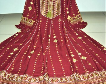 navratri dress , karwa chauth dress , diwali dress, women's maroon printed designer hand print dress, embroidered designer flared long kurta