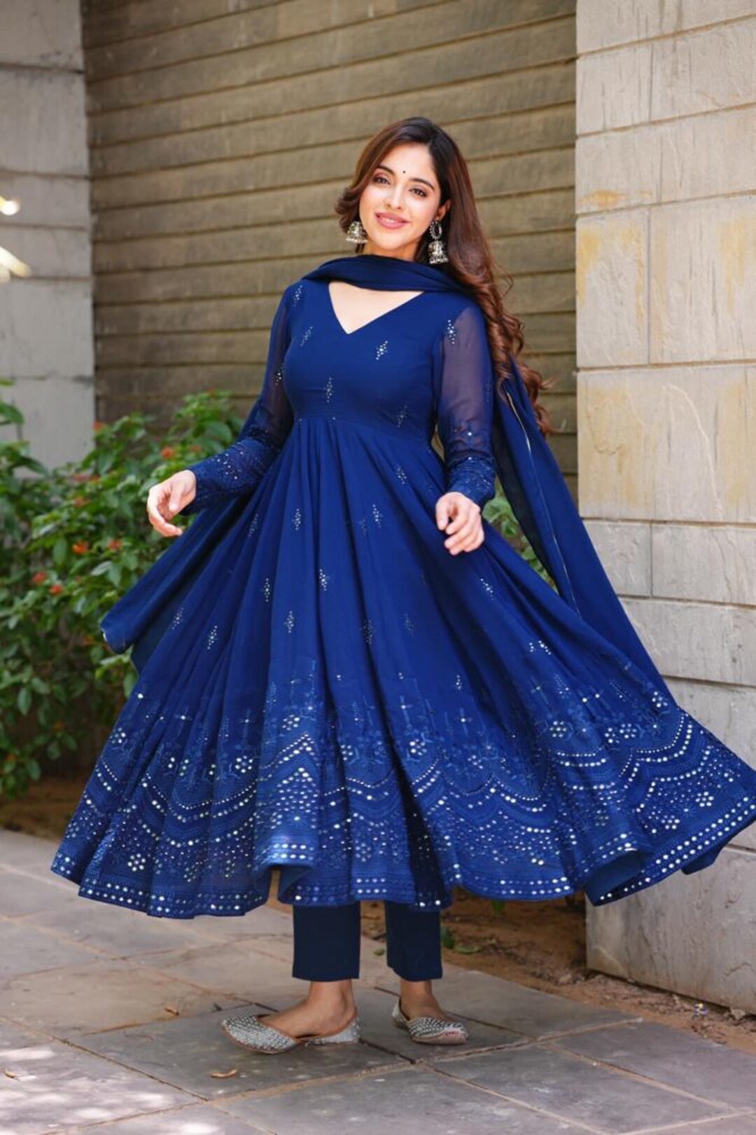 Dark Blue Floral Print Georgette Dress - Absolutely Desi