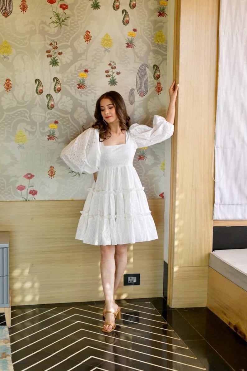 White Cotton Tiered Schiffli Dress Midi Versatile for Every - Etsy