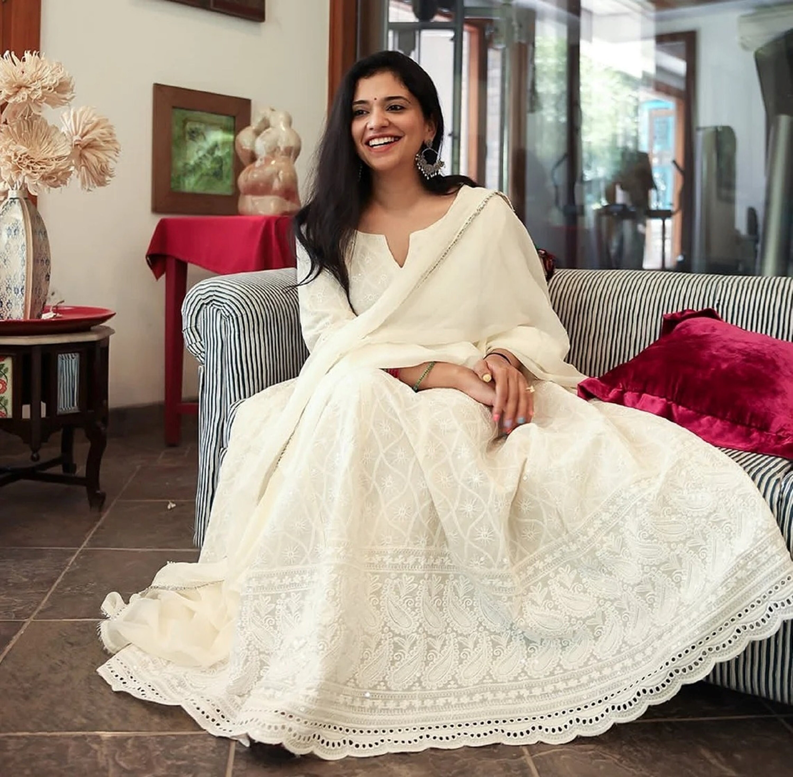 White Chikankari Schiffli Banarasi Cotton Suit Set With Maroon Dupatta main image 0