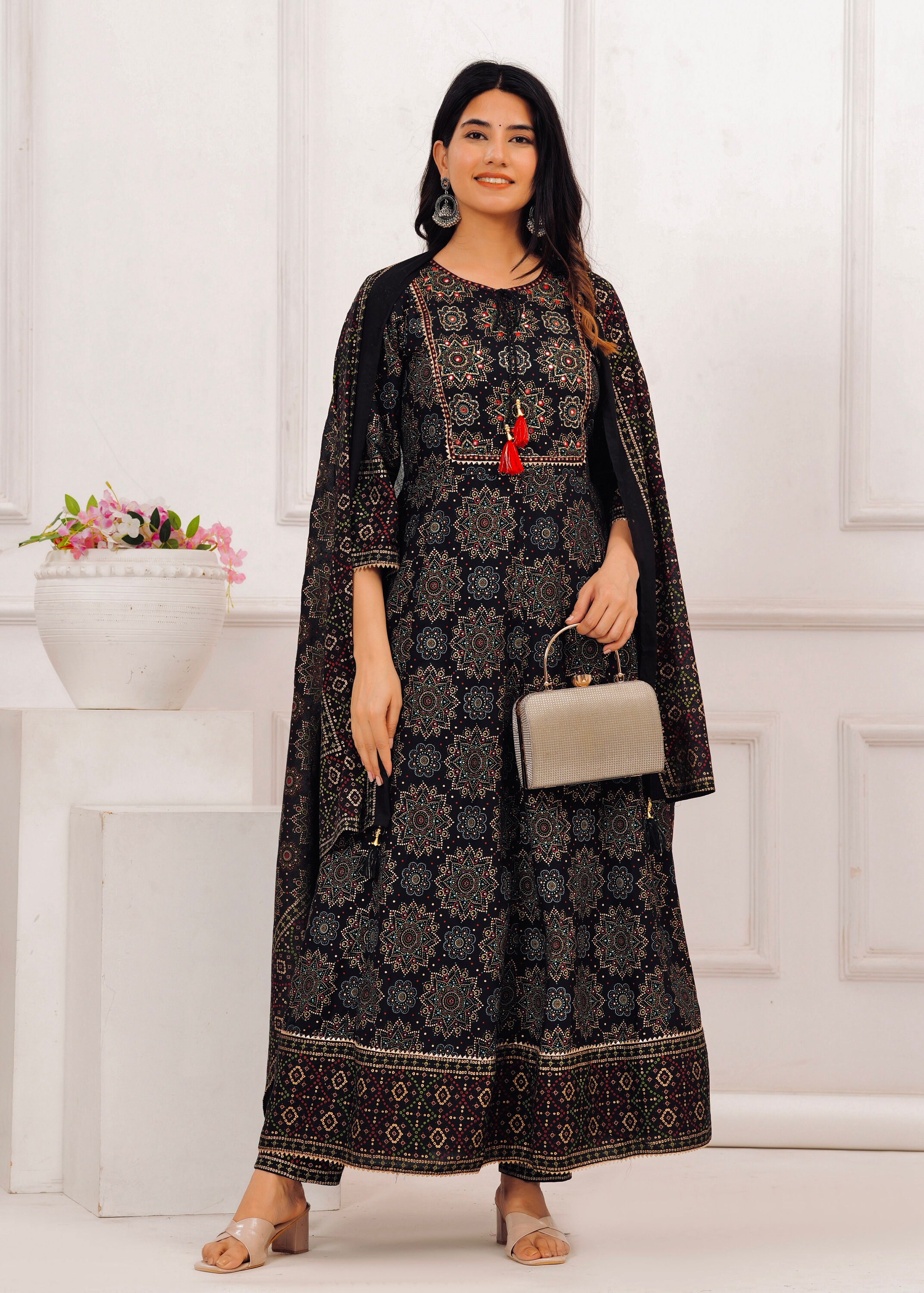 Black Ethnic Motifs Mini Dress