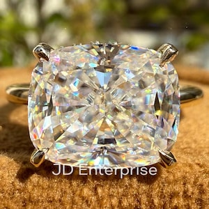 4.00 CT Colorless Cushion Cut Moissanite Solitaire Engagement Ring, East to West Set Ring, Hidden Halo Wedding Ring, Anniversary Gift Ring, Bridal Ring, 10k Yellow Gold Ring, Cushion Cut Ring, Cushion Moissanite, Claw Prongs, Cushion Engagement Ring, Cushion Wedding Ring, Cushion Cut Bridal Set