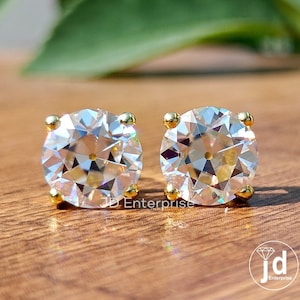 6.40 TW Round OEC Colorless Moissanite Stud Earrings, Wedding Earrings, 10K/14K/18K Yellow Gold Earrings, Vintage OEC Earrings, Screw Back