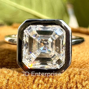 2.00CT Asscher Cut Bezel Set Solitaire Moissanite Engagement Ring, White/Yellow/Rose Gold Moissanite Wedding Ring, Promise Ring, Proposal