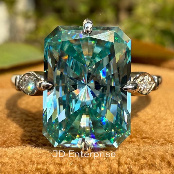 4.00 CT Radiant Cut Cyan Blue Moissanite Engagement Ring, Milgrain Wedding Ring, Compass Set Prongs, Bridal Ring, Anniversary Gifts Ring