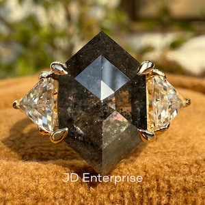 Raw Diamond Step Cut Hexagon & Triangle Moissanite, Salt and Pepper, Yellow Gold Engagement Ring, Three Stone Geometric Diamond Wedding Ring