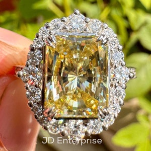 Vintage Style 3.27 TW Radiant Cut Canary Yellow Moissanite Ring, Halo Engagement Ring, Double Claw Prongs, Solid Rose/White/Yellow Gold Ring