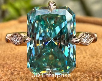 4.00 CT Radiant Cut Cyan Blue Moissanite Engagement Ring, Milgrain Wedding Ring, Compass Set Prong Bridal Ring, Anniversary Gift Ring