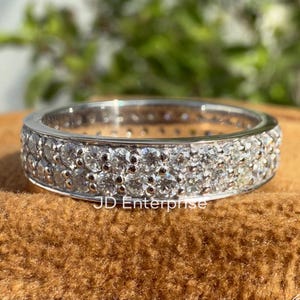 Round Moissanite Band, Colorless Moissanite Wedding Band, Double Row Eternity Band, Full Eternity Engagement Band, Stackable Matching Band