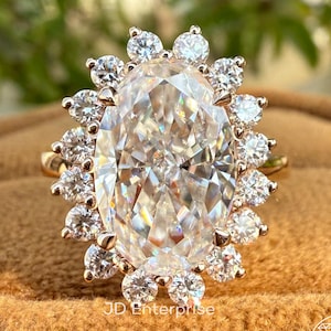 Vintage-Inspired Oval Cut Moissanite Engagement Ring with Floral Sunburst Halo Design in Rose Gold, Perfect Promise/Anniversary/Wedding Gift