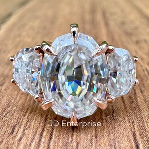 4.10 TCW Oval Step Cut & Half Moon Moissanite Engagement Ring, Three Stone Wedding Ring, 10k Rose Gold Ring for Women, Six Prong Bridal Ring