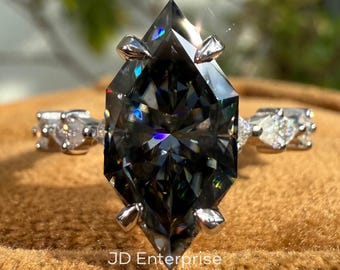 Dutch Marquise Cut Dark Grey Moissanite Engagement Ring, 3.00CT Moissanite Hidden Halo Wedding Ring for Women, Claw Prongs, Comfort Fit Ring