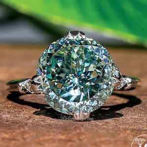 5.23CT Anel de noivado de moissanite azul com corte português antigo/ Anel de casamento com ponta de cauda de peixe/ Anel de aniversário de milgrain, conjunto de noiva vintage