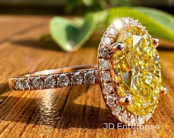 Classic 2.85TW Canary Yellow Oval Moissanite Halo Engagement Ring, Pave Set Wedding Ring, Bespoken Anniversary Ring, Designer Bridal Ring