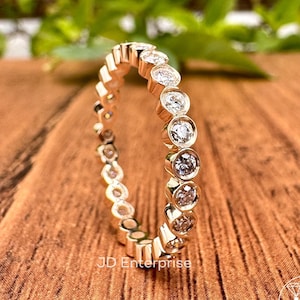 2.00 MM Colorless Round Moissanite Bezel Set Band, Full Eternity Wedding Band, Matching Band, Yellow Gold Band, Anniversary Gift for Her