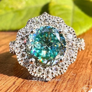 Cyan Blue Portuguese Cut Moissanite Ring, White Gold Halo Engagement Ring, Round Pave Set, Milgrain Wedding Ring, Anniversary Ring