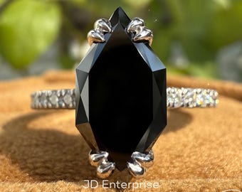 Onyx Black Moissanite Wedding Ring: Dutch Marquise Cut, Pave Engagement Ring