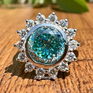 2.25 carat Cyan Blue Portuguese Cut Moissanite Engagement Ring, Antique Halo Ring for Women, Floral Style Wedding Ring, Bespoken Ring