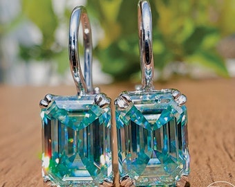 4.72 TCW Cyan Blue Emerald Cut Moissanite Engagement Earrings, Moissanite Wedding Earrings, Dangle Drop Bridal Earrings, Proposal Earrings
