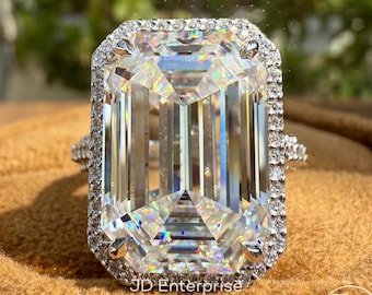 Big 11.00 CT Emerald Cut Colorless Moissanite Engagement Ring, Halo with Hidden Halo Wedding Ring, Celebrity Style Three Side Pave Ring