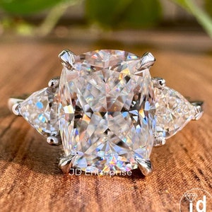 Ice Crushed Cushion Cut Moissanite Diamond Ring, 2.50 TW Three Stone Engagement Ring, Wedding Ring, Trillion Moissanite Ring, Promise Ring