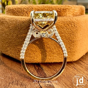 8.00 CT Big Radiant Cut Canary Yellow Moissanite Engagement Ring, Three Side Pave Wedding Ring, Hidden Halo Bridal Ring, Peekaboo Setting