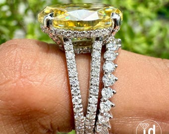 Oval Engagement Ring with Stacking Wedding Band, 6.50 CT Canary Yellow Moissanite Bridal Ring Set, Split Pave Hidden Halo Wedding Ring Set