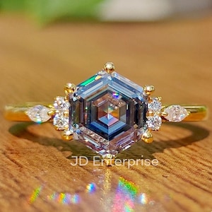 1.74 CT Hexagon Cut Grey Moissanite Engagement Ring, Accent Set Wedding Ring, 10k/14k/18k Gold Ring for Women, Anniversary Gifts Ring