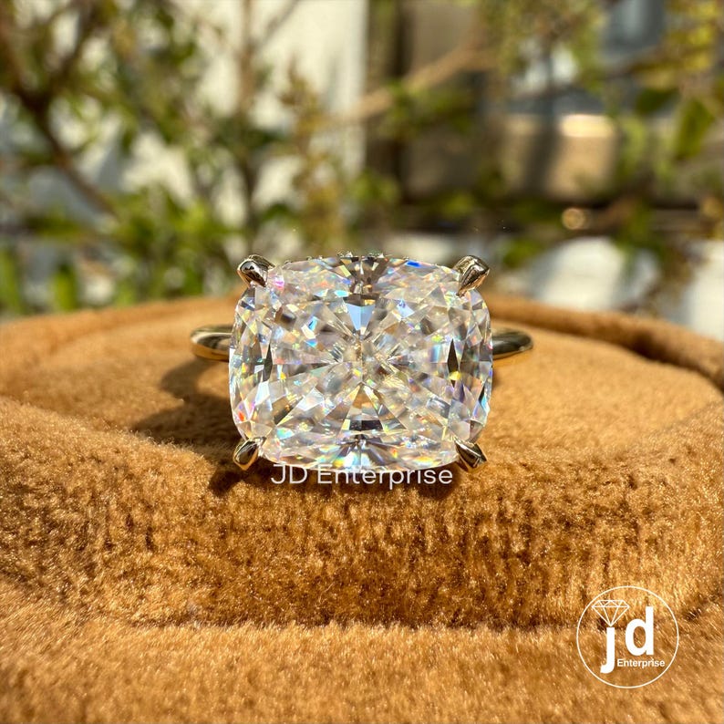 4.00 CT Colorless Cushion Cut Moissanite Solitaire Engagement Ring, East to West Set Ring, Hidden Halo Wedding Ring, Anniversary Gift Ring, Bridal Ring, 10k Yellow Gold Ring, Cushion Cut Ring, Cushion Moissanite, Claw Prongs, Cushion Engagement Ring, Cushion Wedding Ring, Cushion Cut Bridal Set