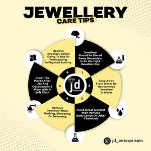 May include: Infographic detailing jewellery care tips. Advice includes: store separately, avoid water and chemicals, remove before bathing, and clean with a soft cloth. The JD Enterprise logo is central. The background is light beige with black and yellow accents.