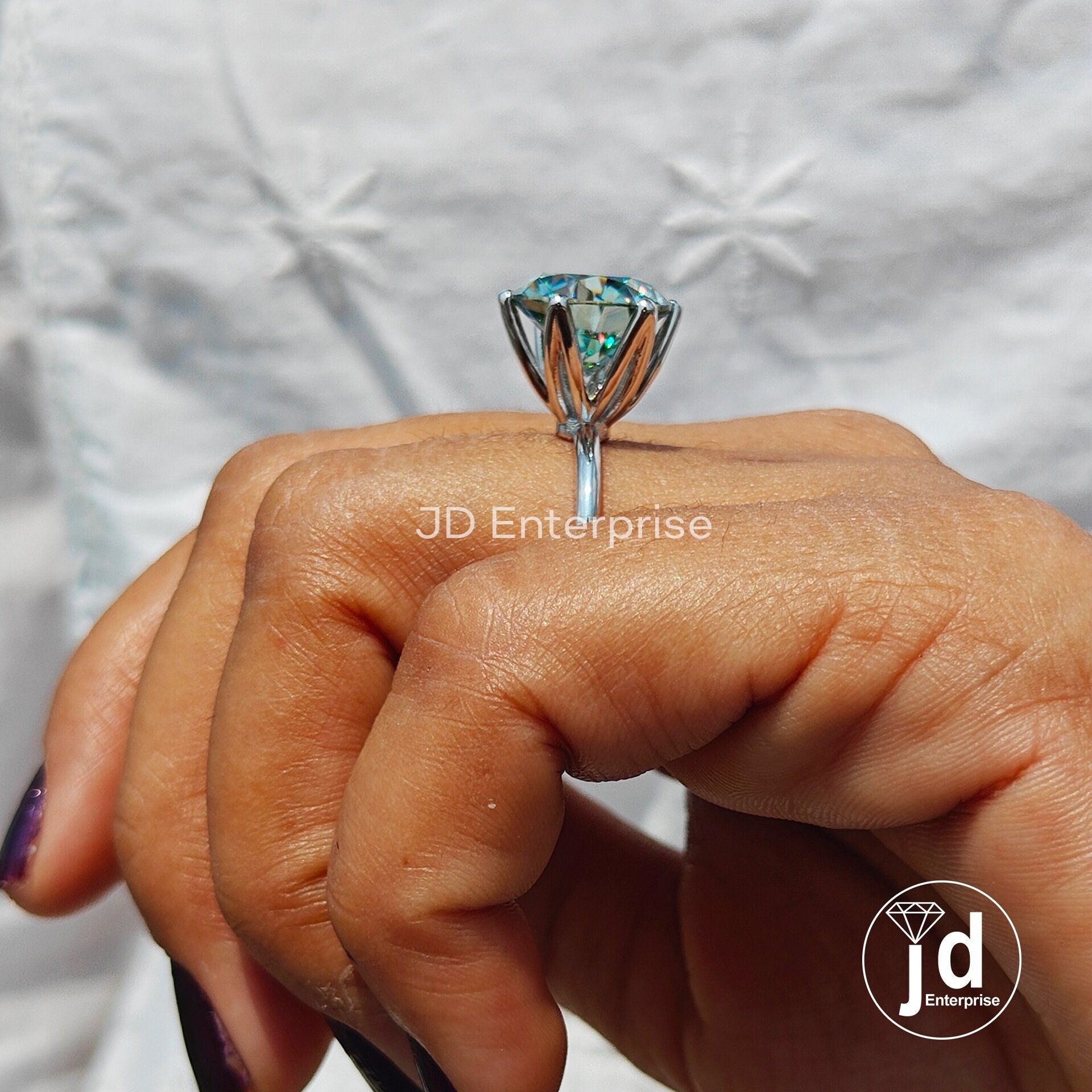 6.38CT Blue Round Cut High Profile Setting Moissanite Engagement Ring, 6 Claw Prongs Anniversary Solitaire Ring, Cathedral Ring for Women