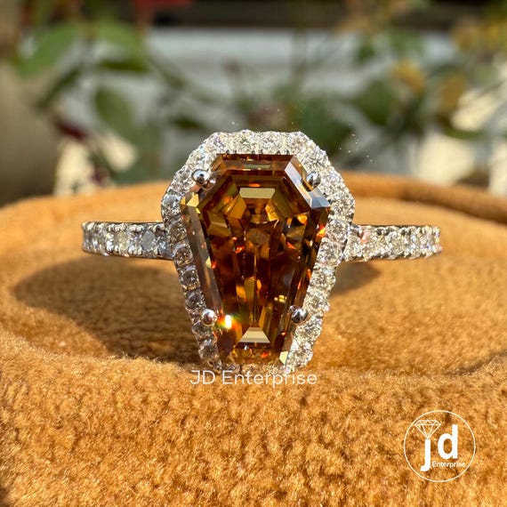 CT Coffin Cut Brown Champagne Moissanite Ring, Halo