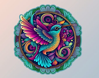 Sticker: Hummingbird in Bloom - Colorful Flying Bird Sticker  3''-4''