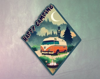 Happy Camping sticker. Minivan, Bonfire, Camper, Vanlife, Nature and Scenery