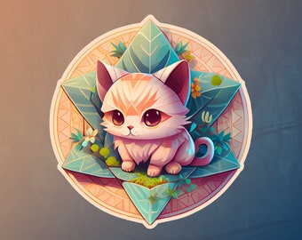 Sticker: Cute kitten on top of a leaf. Waterproof Vinyl  3''-4''