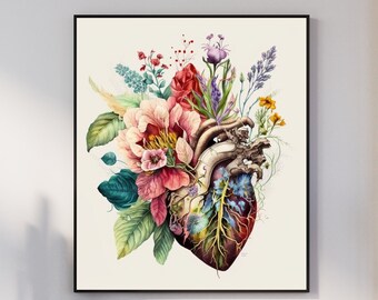 Floral Human Heart Anatomy Art: Watercolor Print (Digital Download)