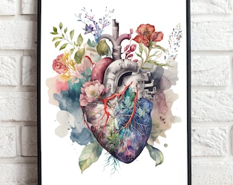 Floral Human Heart Anatomy Art Print: Cardiologist Gift (Digital Download)