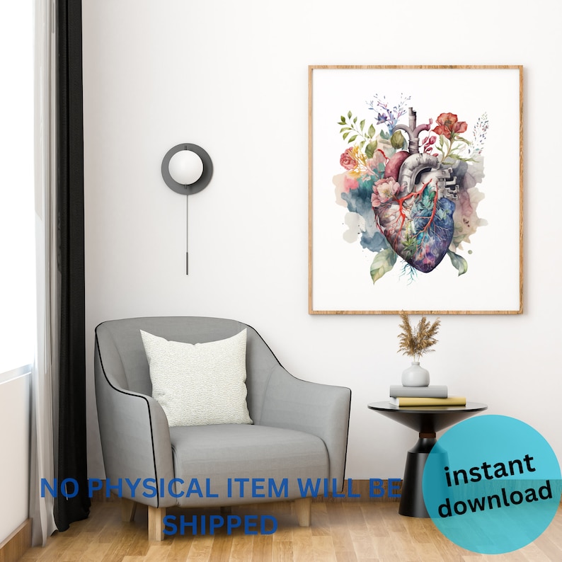 May include: A digital download of a watercolor painting of a human heart with flowers and leaves. The heart is anatomically correct and is surrounded by a watercolor background.