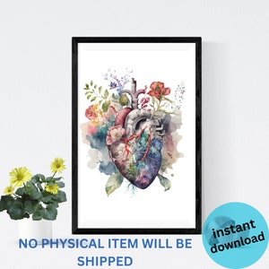 May include: A watercolor painting of a human heart with flowers growing from it. The heart is anatomically correct and the flowers are in shades of pink, red, blue, and green. The background is a watercolor wash of blue and green.