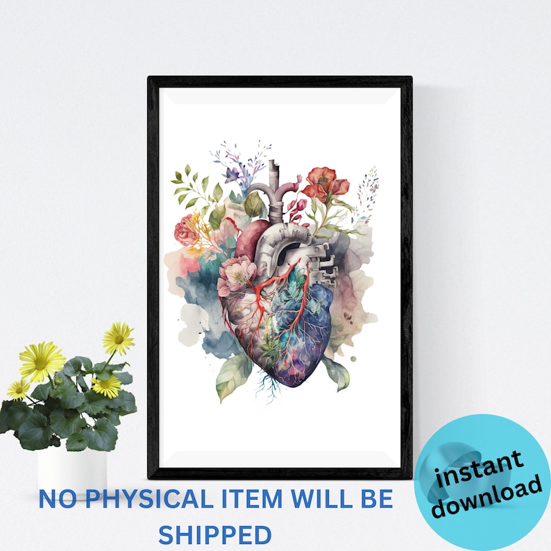 May include: A watercolor painting of a human heart with flowers growing from it. The heart is anatomically correct and the flowers are in shades of pink, red, blue, and green. The background is a watercolor wash of blue and green.