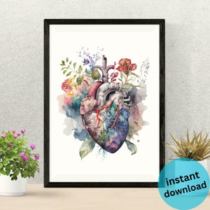 May include: A watercolor painting of a human heart with flowers growing from it. The heart is depicted in a realistic style, with intricate details of the chambers and valves. The flowers are a mix of pink, red, and purple, and they are arranged in a way that suggests they are growing out of the heart. The background is a soft, watercolor wash of blue and green.
