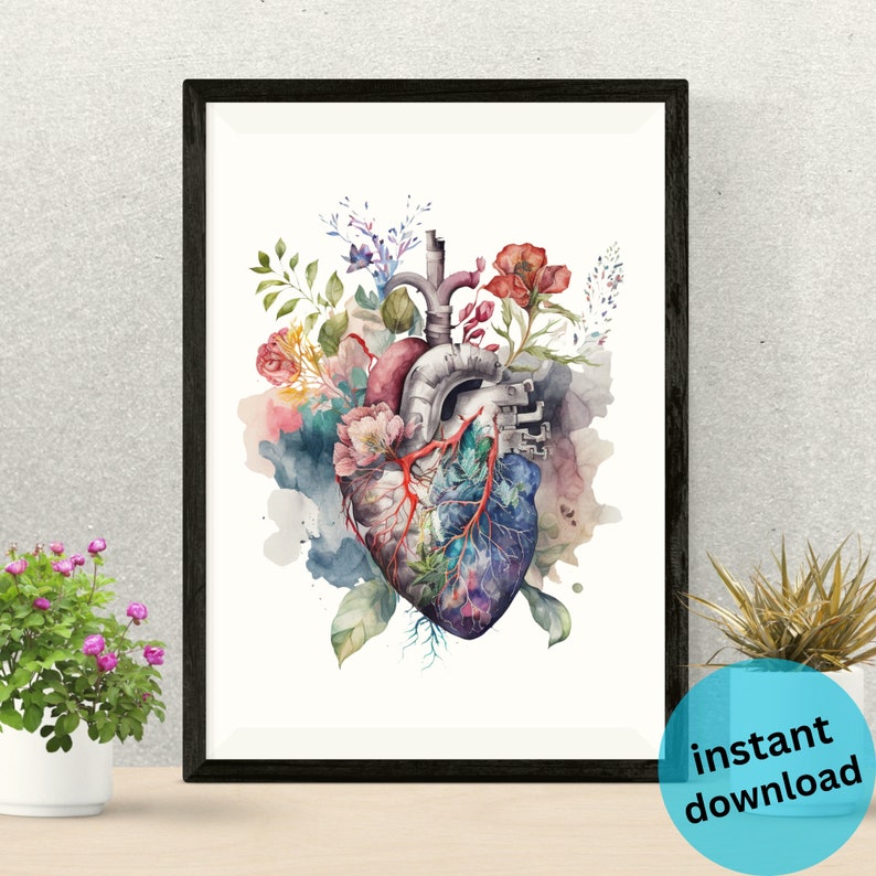 May include: A watercolor painting of a human heart with flowers growing from it. The heart is depicted in a realistic style, with intricate details of the chambers and valves. The flowers are a mix of pink, red, and purple, and they are arranged in a way that suggests they are growing out of the heart. The background is a soft, watercolor wash of blue and green.
